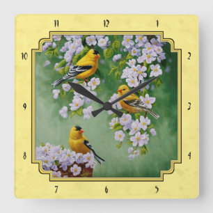 Goldfinch Birds & Apple Blossoms Yellow Square Wall Clock