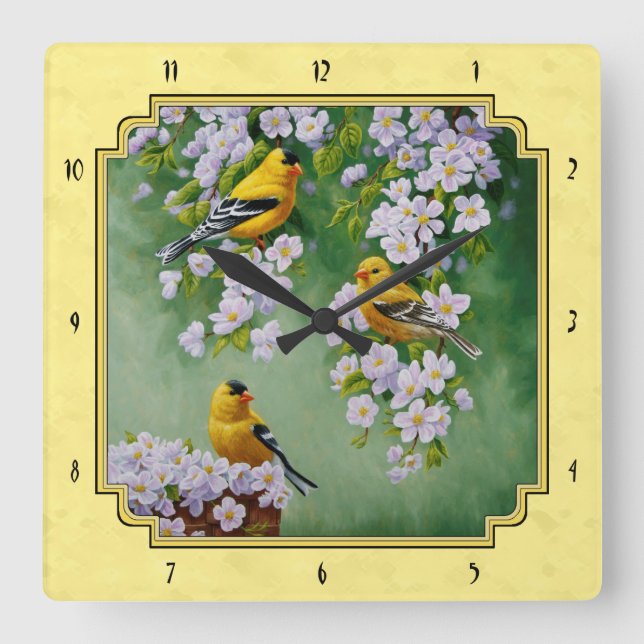Goldfinch Birds & Apple Blossoms Yellow Square Wall Clock (Front)