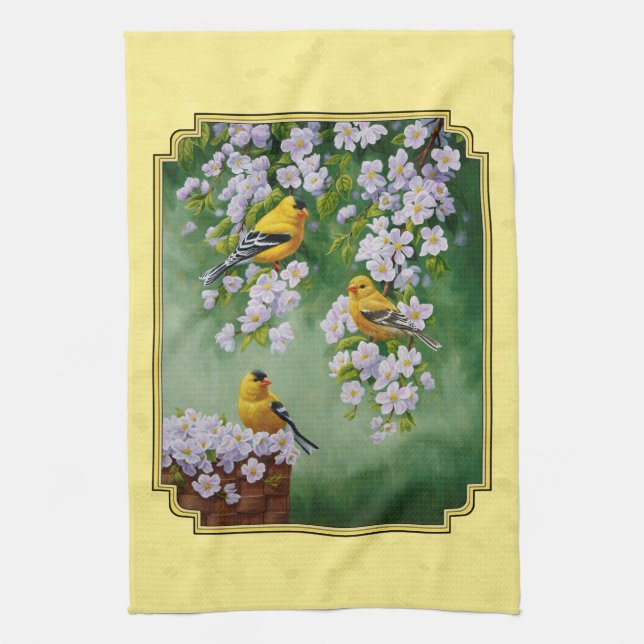Goldfinch Birds & Apple Blossoms Yellow Tea Towel (Vertical)