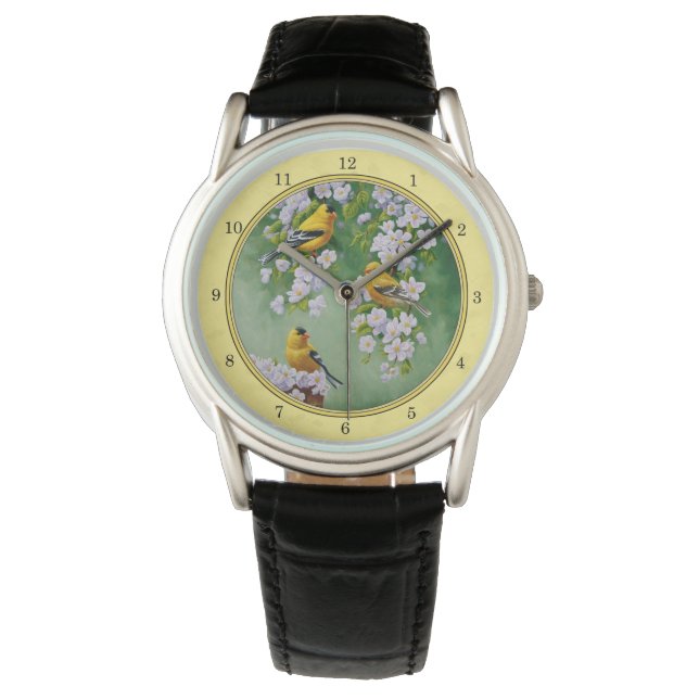 Goldfinch Birds & Apple Blossoms Yellow Watch (Front)