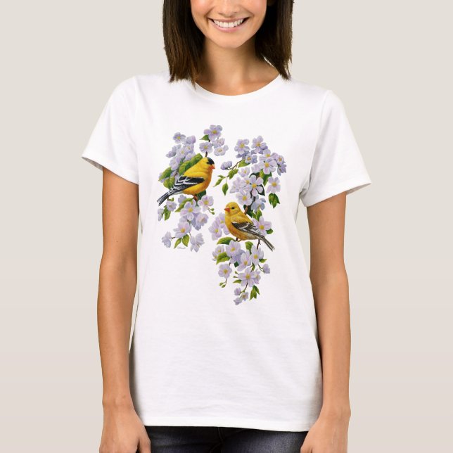 Goldfinch Birds & Flowers U-Pick Background Colour T-Shirt (Front)