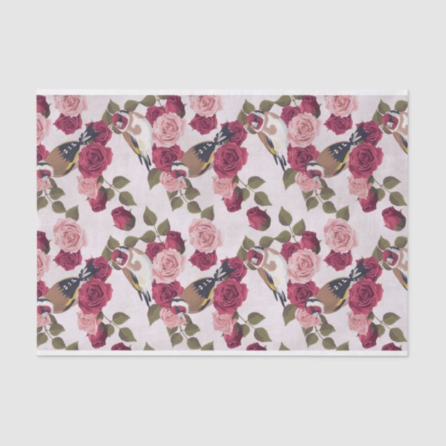 Goldfinch Birds Perched on Pink Roses Pattern Tissue Paper (Front)