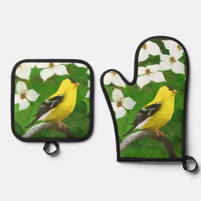 Goldfinch in Dogwood Blossoms Original Bird Art Oven Mitt & Pot Holder Set (Front)