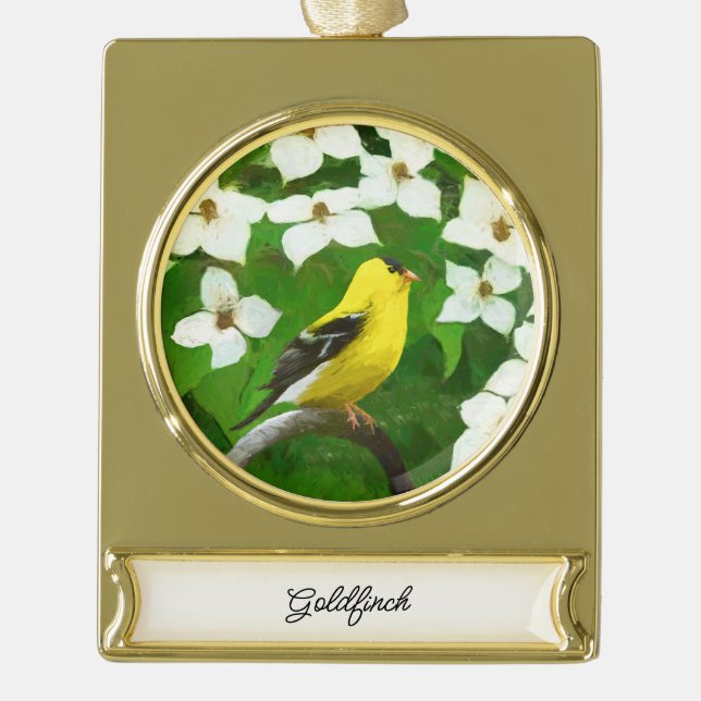 Goldfinch Painting - Cute Original Dog Art Gold Plated Banner Ornament (Front)