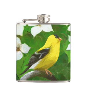 Goldfinch Painting - Cute Original Dog Art Hip Flask