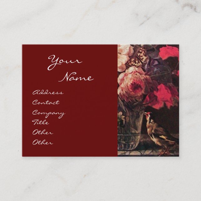 GOLDFINCH,PINK ROSES AND BUTTERFLY BUSINESS CARD (Front)