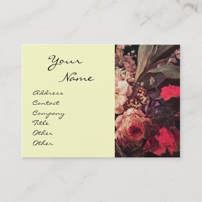 GOLDFINCH,PINK ROSES AND BUTTERFLY BUSINESS CARD (Front)