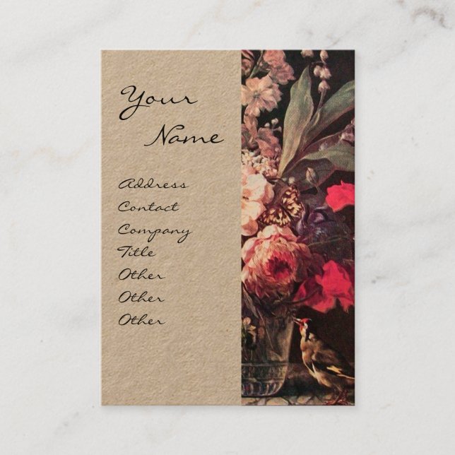 GOLDFINCH,PINK ROSES AND BUTTERFLY Kraft Paper Business Card (Front)