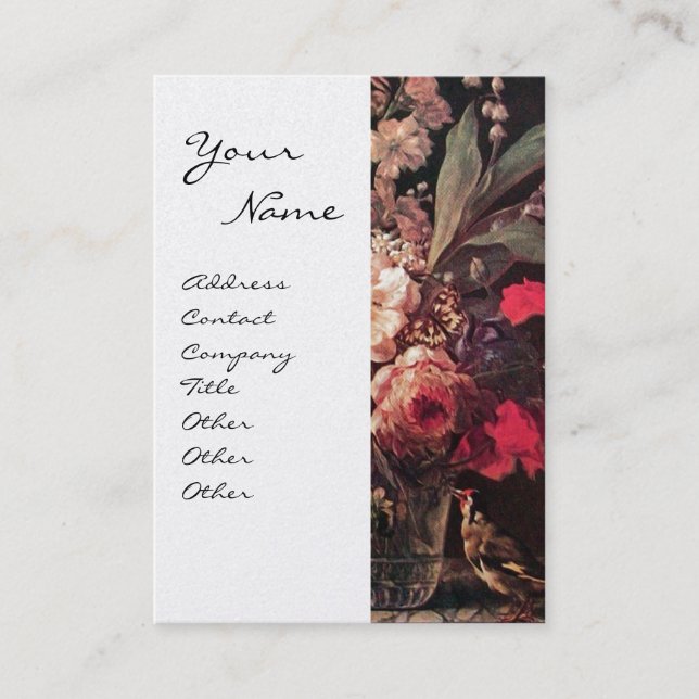 GOLDFINCH,PINK ROSES AND BUTTERFLY,White Pearl Business Card (Front)