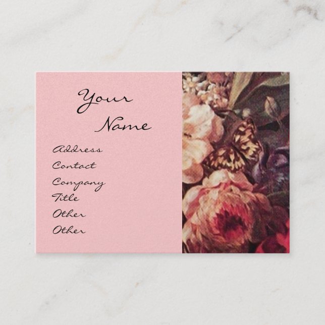 GOLDFINCH,PINK ROSES ,BUTTERFLY Floral Pearl Business Card (Front)