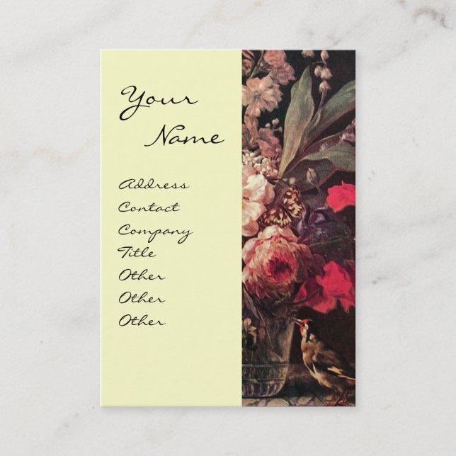 GOLDFINCH, PINK ROSES ,BUTTERFLY  Floral Red Ivory Business Card (Front)
