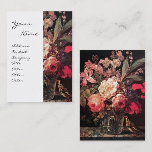 GOLDFINCH, PINK ROSES ,BUTTERFLY Floral Red White Business Card