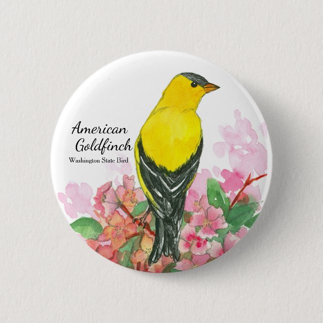Goldfinch Rhododendron Flowers Watercolor 6 Cm Round Badge (Front)