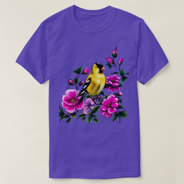 Goldfinch Surrounded By Pink Wild Roses Iowa State T-Shirt (Design Front)
