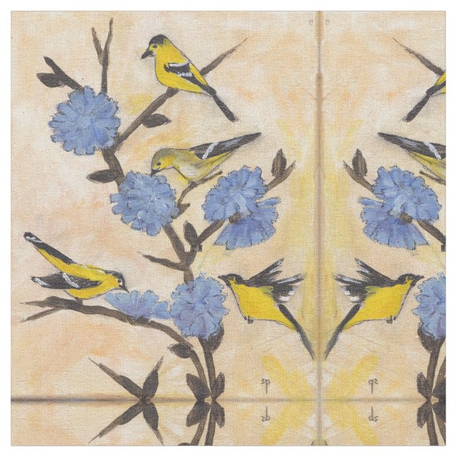 Goldfinches and Chicory. Fabric (Close Up)