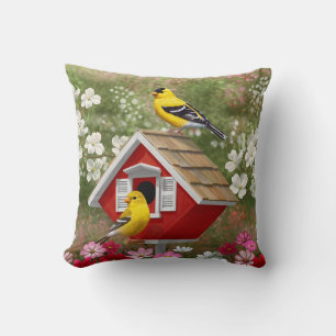 Goldfinches and Cute Cottage Birdhouse Cushion