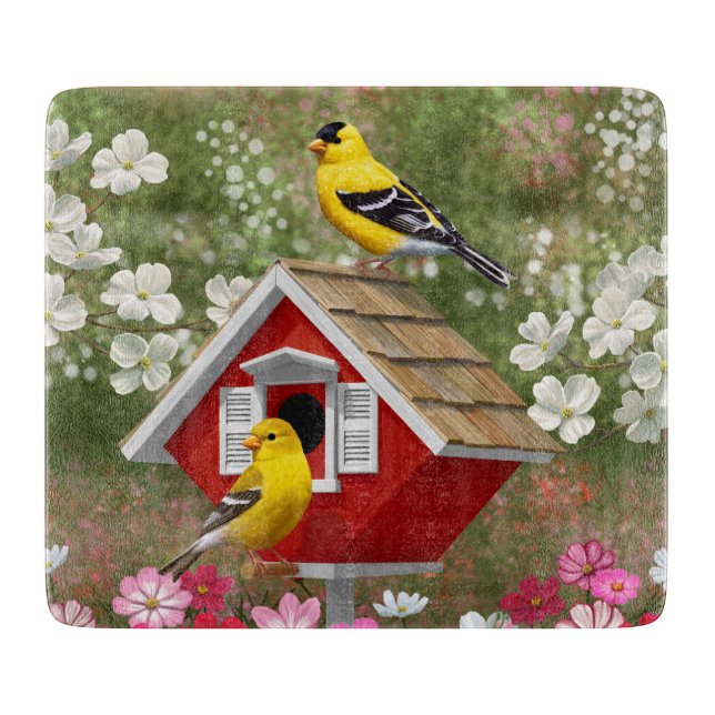 Goldfinches and Cute Cottage Birdhouse Cutting Board (Front)