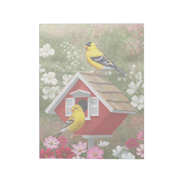 Goldfinches and Cute Cottage Birdhouse Notepad (Rotated)