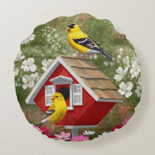 Goldfinches and Cute Cottage Birdhouse Round Cushion