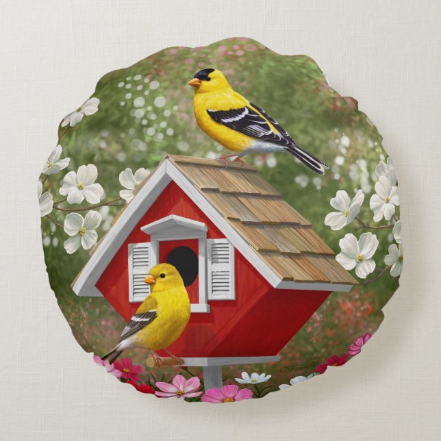 Goldfinches and Cute Cottage Birdhouse Round Cushion (Back)