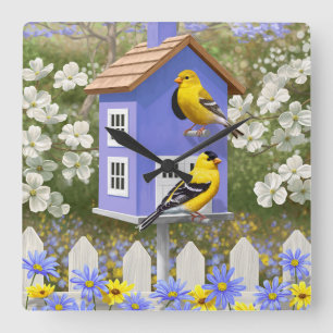 Goldfinches and Fancy Purple Birdhouse Square Wall Clock