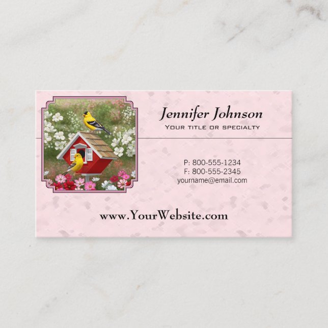 Goldfinches and Red Birdhouse Pink Business Card (Front)