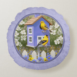 Goldfinches & Cute Birdhouse Lavender Round Cushion