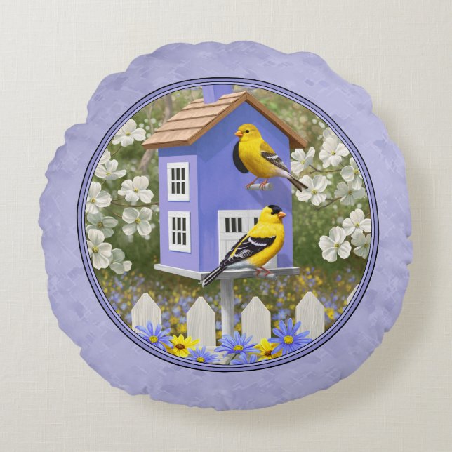 Goldfinches & Cute Birdhouse Lavender Round Cushion (Front)