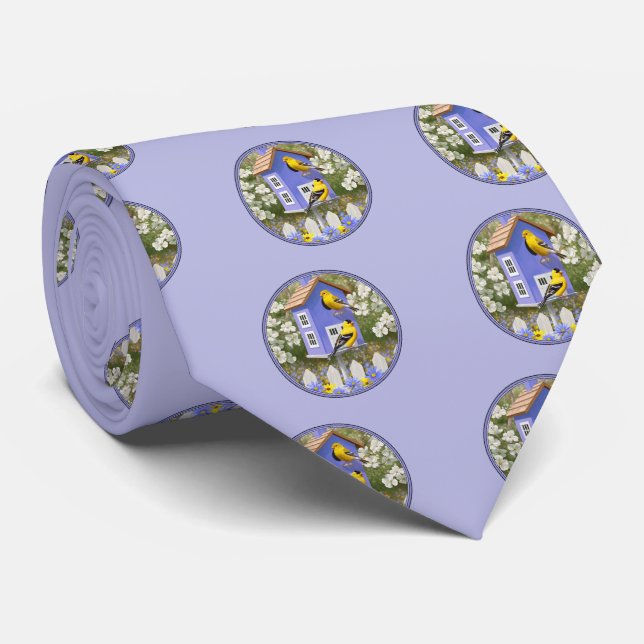 Goldfinches & Cute Birdhouse Lavender Tie (Rolled)