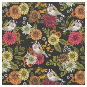 Goldfinches in the garden on black fabric