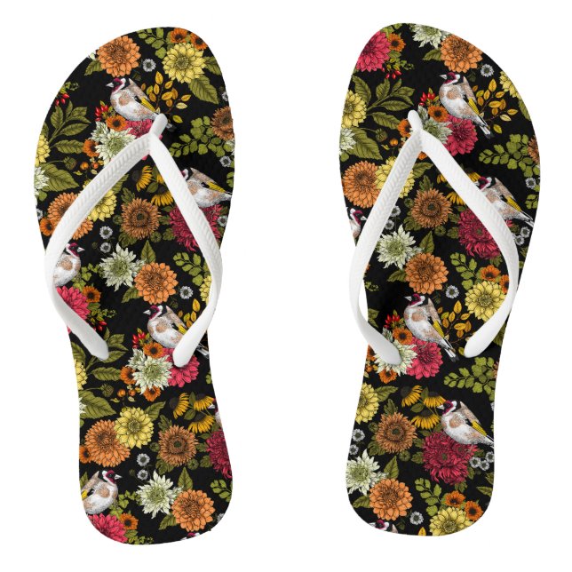 Goldfinches in the garden on black flip flops (Footbed)