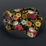 Goldfinches in the garden on black tie<br><div class="desc">Hand-drawn goldfinches on bouquets of flowers and leaves- dahlias,  chrysanthemums,  calendula,  coneflowers ivy and ferns</div>