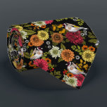 Goldfinches in the garden on black tie<br><div class="desc">Hand-drawn goldfinches on bouquets of flowers and leaves- dahlias,  chrysanthemums,  calendula,  coneflowers ivy and ferns</div>