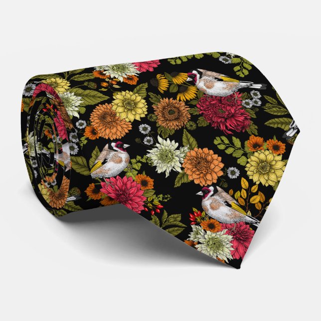 Goldfinches in the garden on black tie (Rolled)
