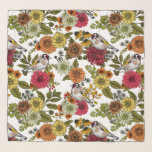 Goldfinches in the garden   scarf<br><div class="desc">Hand-drawn goldfinches on bouquets and leaves- dahlias,  chrysanthemums,  calendula,  coneflowers ivy and ferns</div>