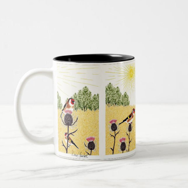 Goldfinches on thistles Two-Tone coffee mug (Left)