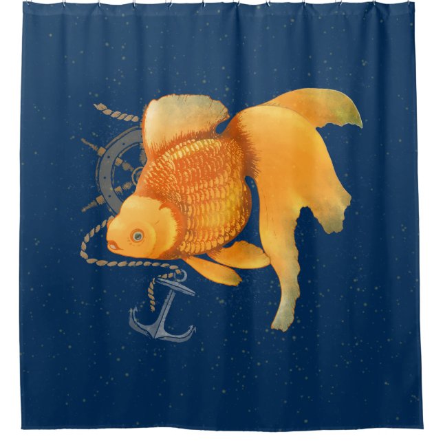 Goldfish Anchor Ship Wheel Nautical Shower Curtain (Front)