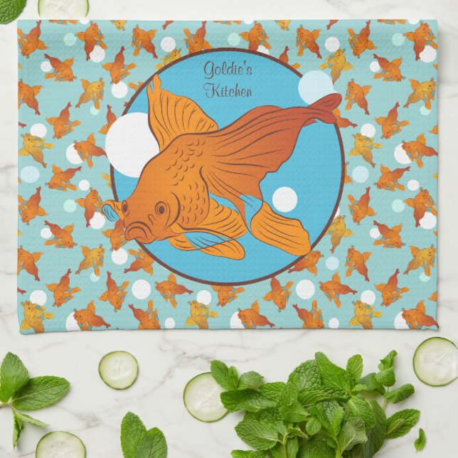 Goldfish and Bubbles Graphic Pattern Personalised Tea Towel (Folded)
