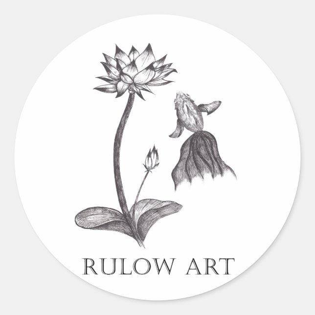 Goldfish and lotus monochrome Black logo ver. Classic Round Sticker (Front)