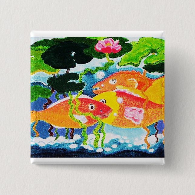 Goldfish and waterlily 15 cm square badge (Front)