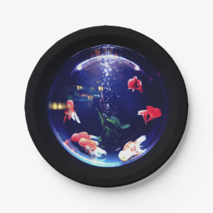 Goldfish bowl aquarium blue black orange paper plate