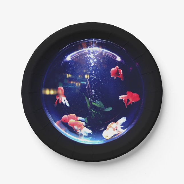 Goldfish bowl aquarium blue black orange paper plate (Front)