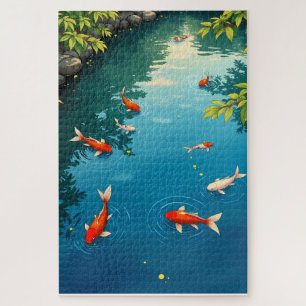 Goldfish in a Tranquil Blue Pond - Retro Japanese Jigsaw Puzzle
