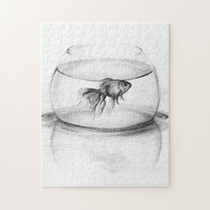 Goldfish in bowl and water Pencil drawing art Jigsaw Puzzle