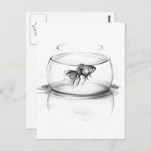 Goldfish in bowl and water Pencil drawing art Postcard