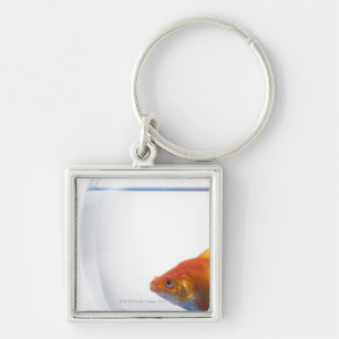 Goldfish in bowl on white background key ring