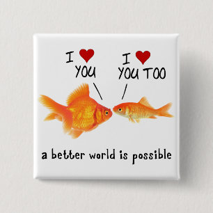 Goldfish in love I heart You 15 Cm Square Badge