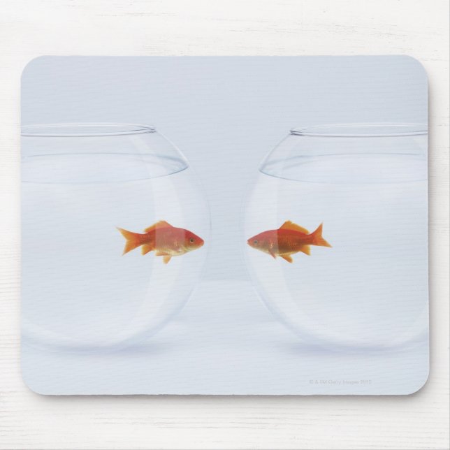 Goldfish in separate fishbowls looking face to fac mouse mat (Front)