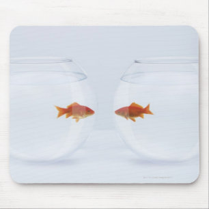 Goldfish in separate fishbowls looking face to mouse mat
