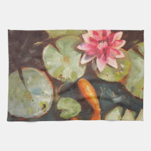 Goldfish Koi Pond Water Lilies Tea Towel